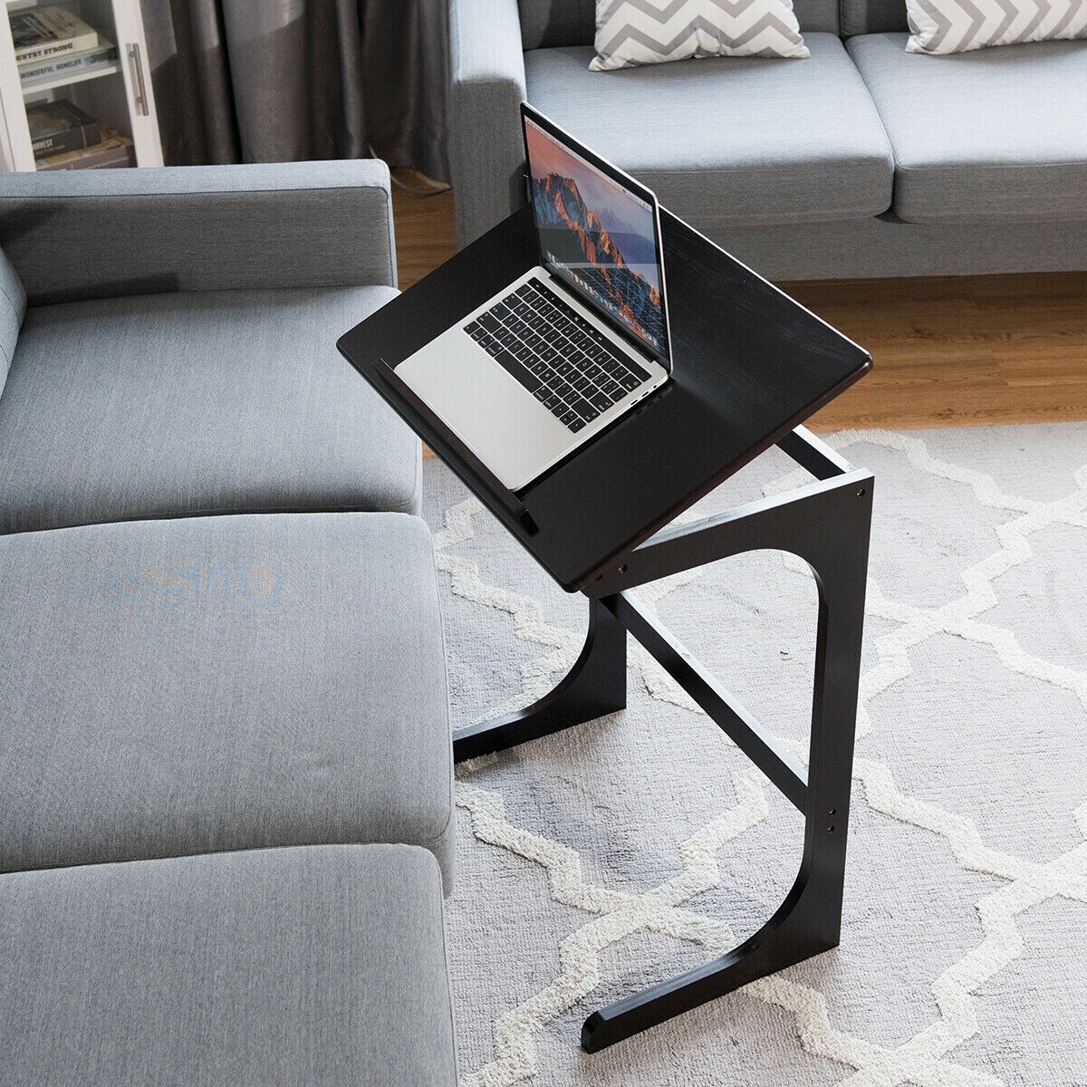 Brown Adjustable Height C-Shape Couch End Table with Tilting Top