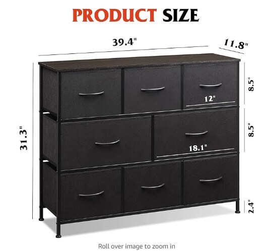 Fabric Bedroom Dresser, Charcoal Black Storage Drawer Unit, TV Stand for 32, 40, and 43-inch TV, Broad Dresser with 8 Big Deep Drawers for Office, College Dorm
