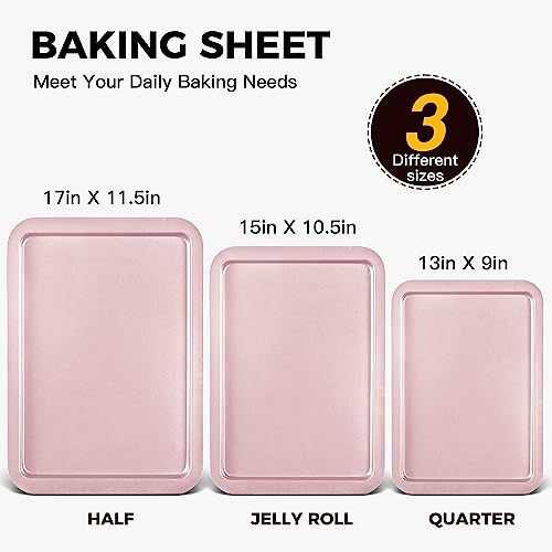 HONGBAKE Baking Sheet Pan Set, Cookie Sheet for Oven, Nonstick Bakeware Sets with Wider Grips, 3 Pack Half/Jelly Roll/Quarter Baking Tray, Premium, Dishwasher Safe-Pink