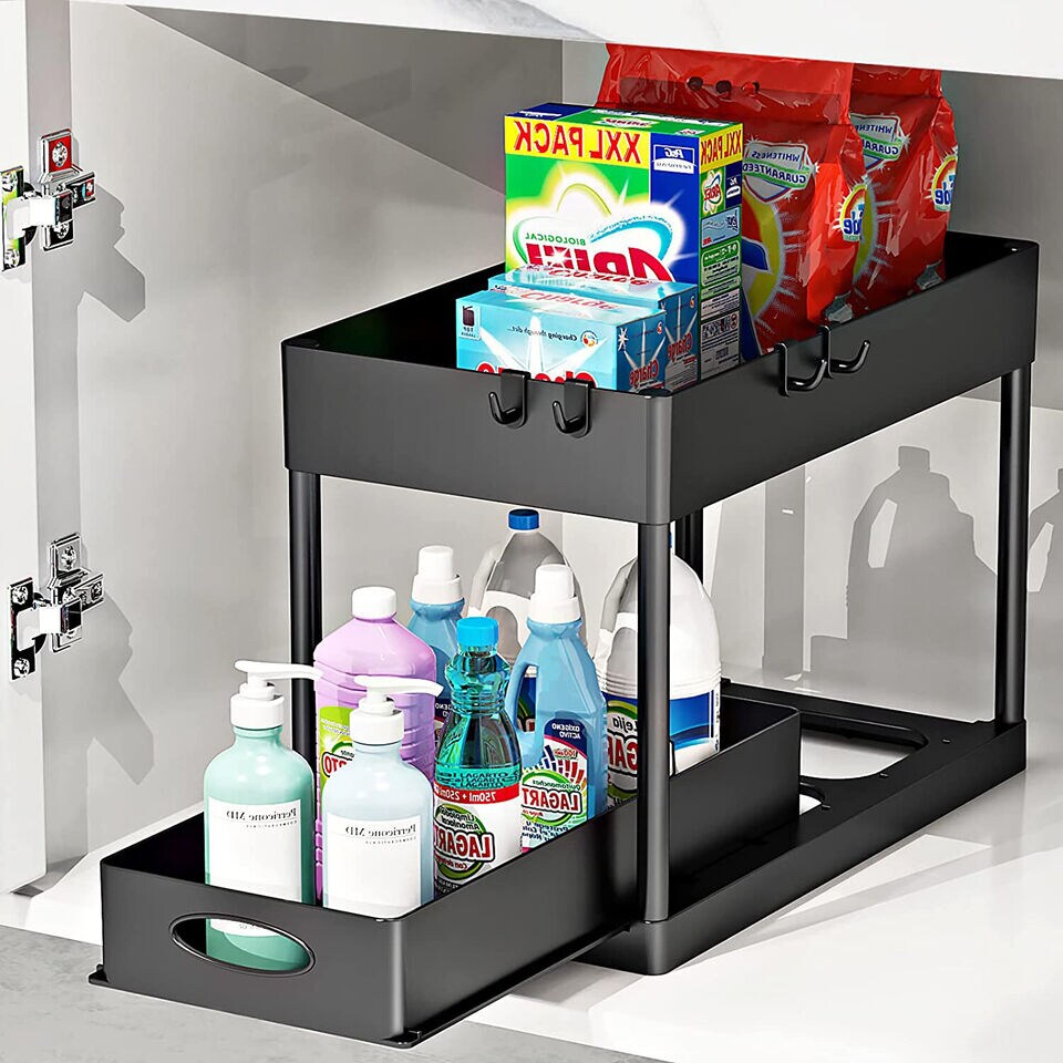 2-Tier Under Sink Cabinet Organizer with Sliding Storage Drawer .