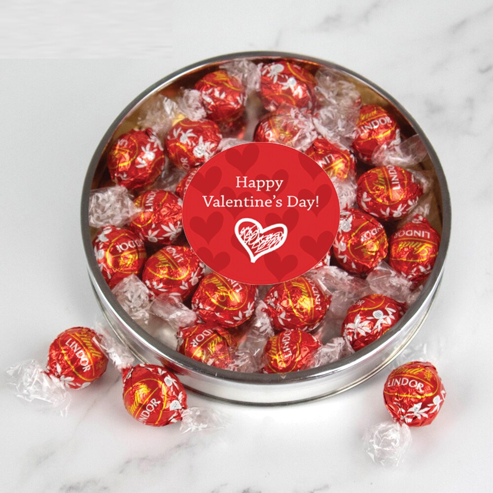 Valentine&#x27;s Day Candy Gift Tin with Chocolate Lindor Truffles by Lindt Large Plastic Tin with Sticker - Scribble Heart