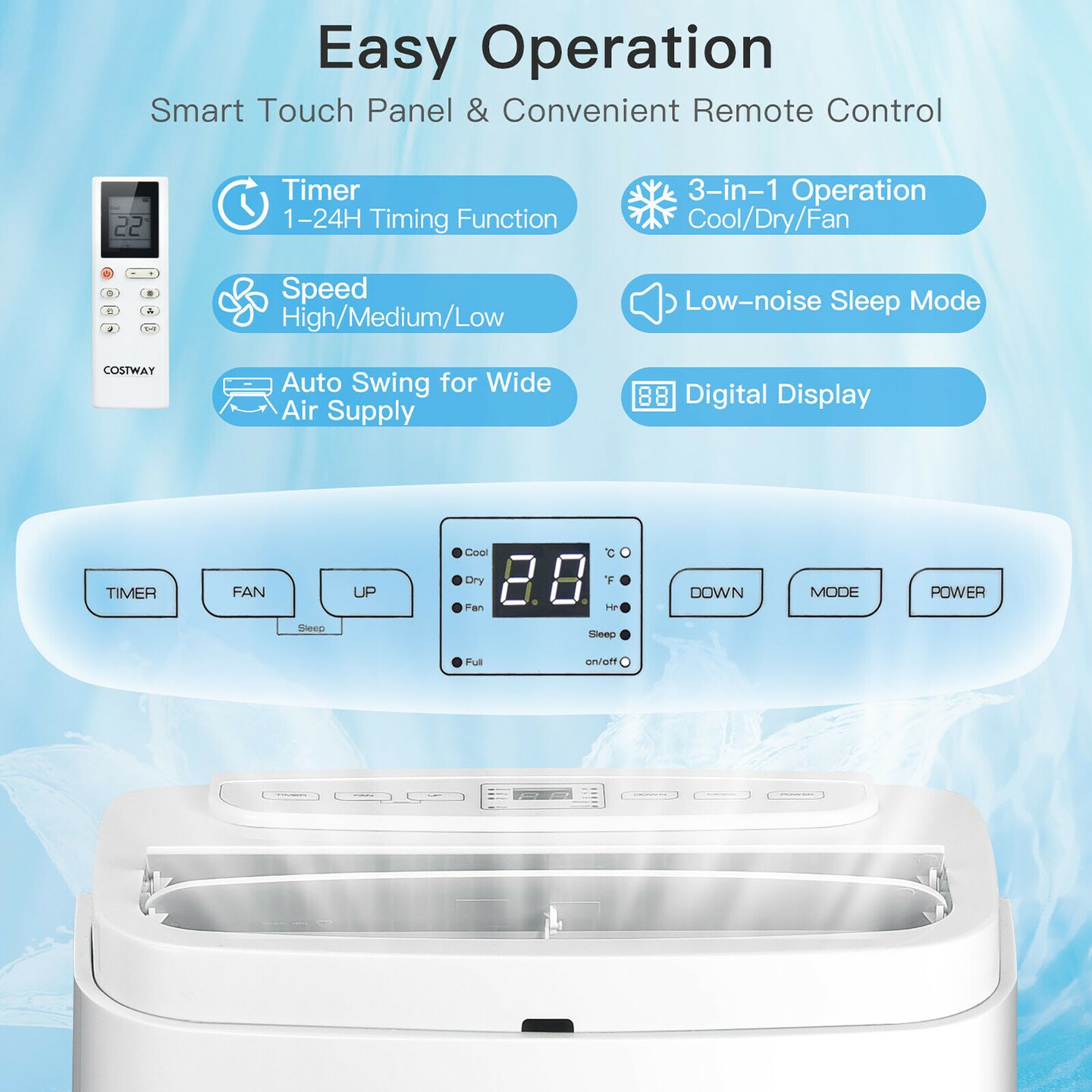 Costway 6350 BTU (9000BTU ASHRAE) Portable Air Conditioner 3-in-1 Air Cooler Fan Dehumidifier w/ Remote