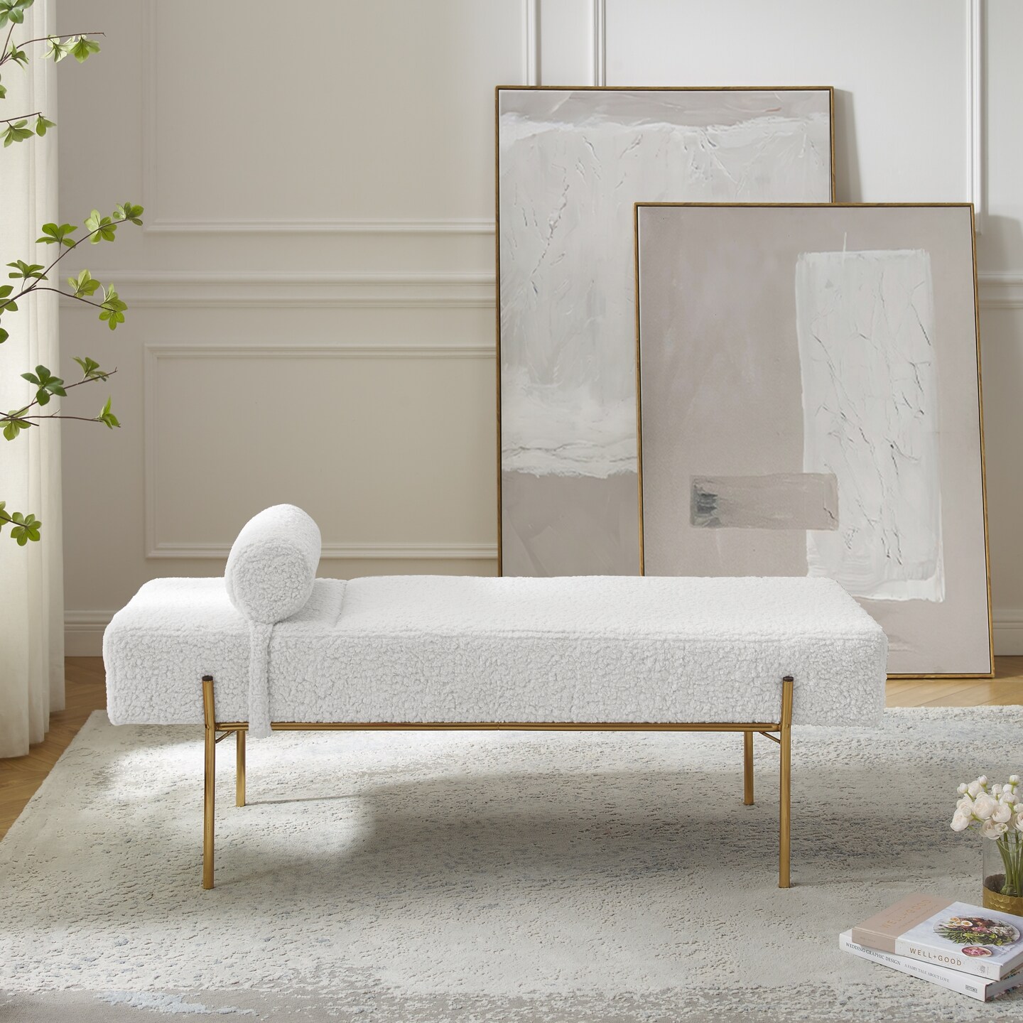 Huda Velvet/Sherpa Bench With Detachable Pillow