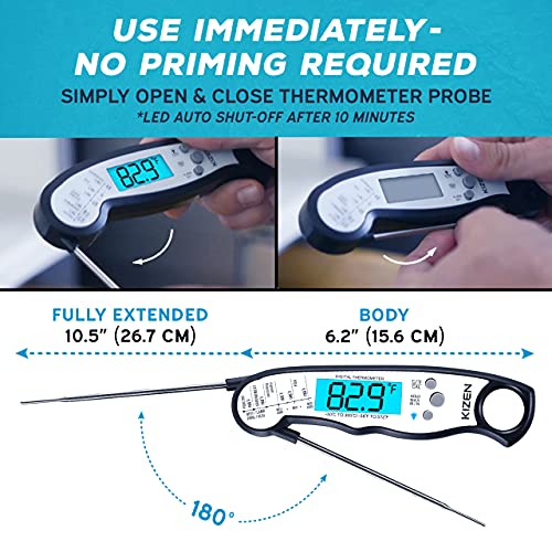 KIZEN Digital Meat Thermometer with Probe - Instant Read Food Thermometer for Cooking, Grilling, BBQ, Baking, Liquids, Candy, Deep Frying, and More - Black/White