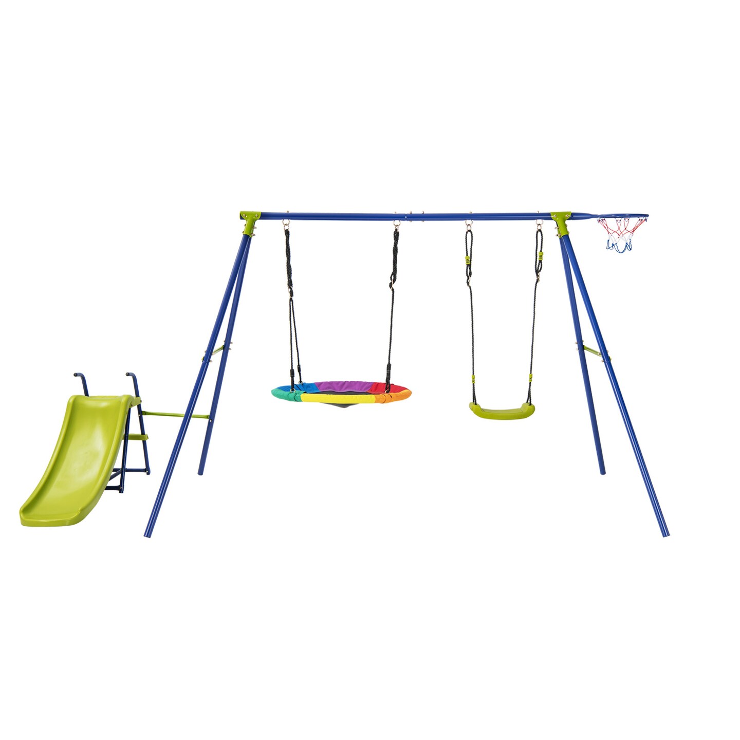 Backyard Swing Set with Slide Swings and Basketball Hoop Multicolor