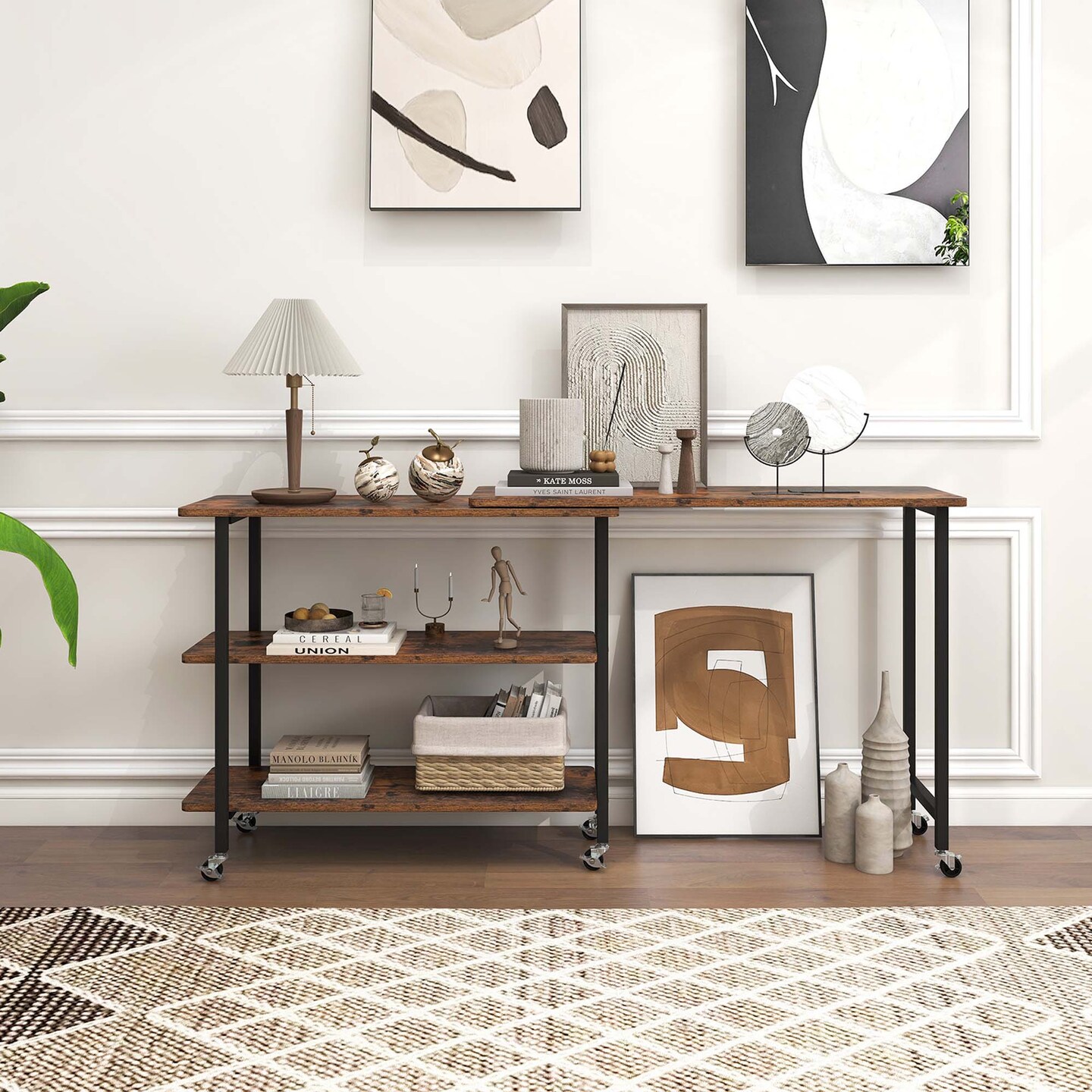 Costway 360° Rotatable Sofa Side Table L-shaped Laptop Desk Snack Table withShelf Patented Brown/Natural/Walnut/Rustic Brown