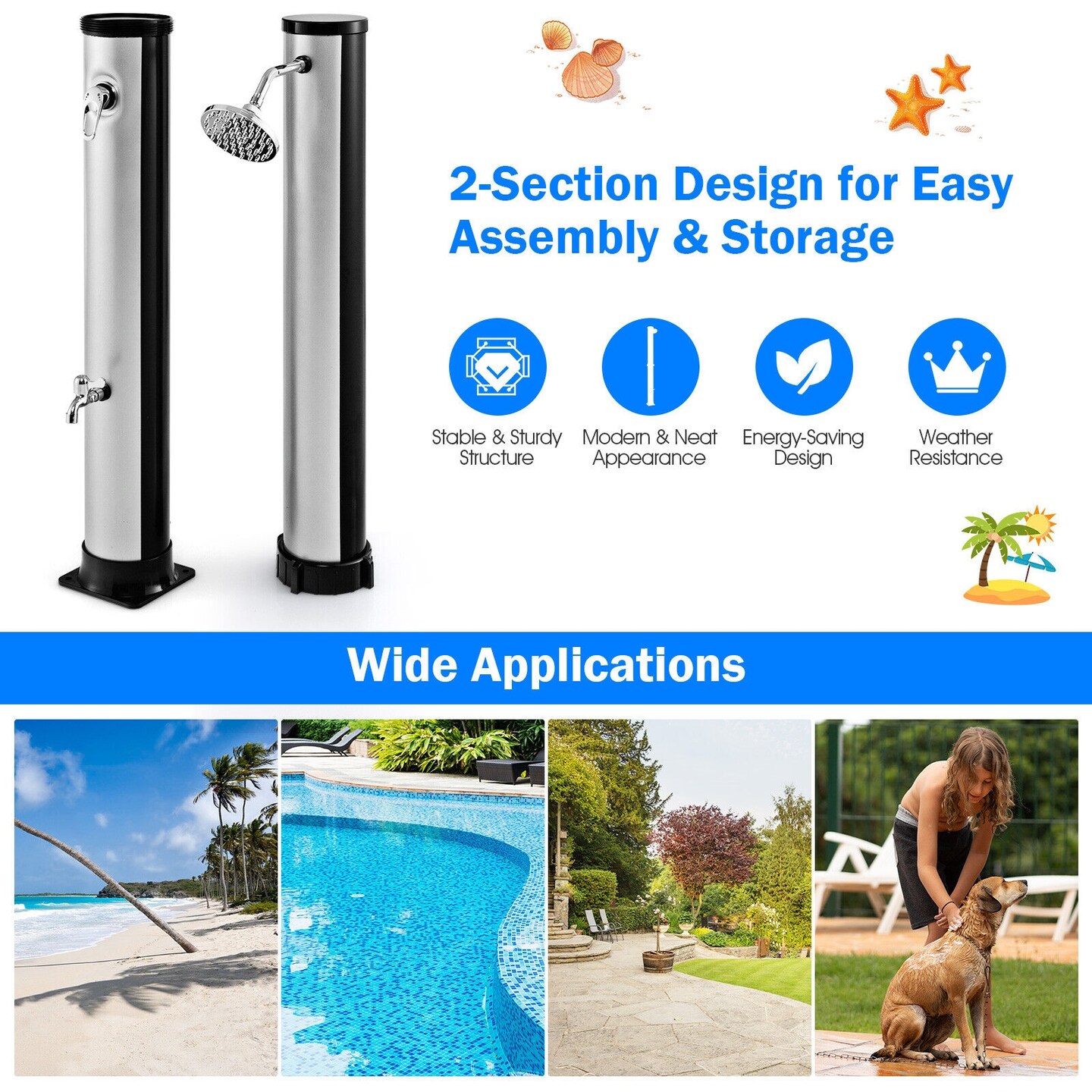 7.2 Feet Solar-Heated Outdoor Shower with Free-Rotating Shower Head