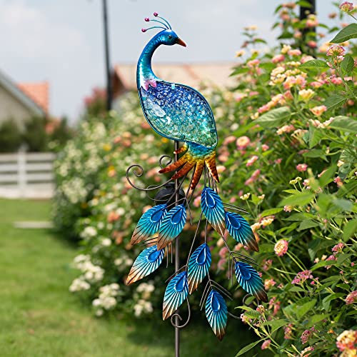 40"Glass Outdoor Decor Peacock Yard Art with Solar Garden Stake Lights, Glass Pathway Lights Lawn Ornaments for Patio, Backyard, Flowerbed, Pond, Outside Home Decorations