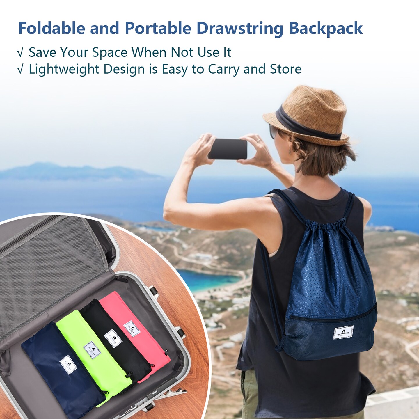 Costway Drawstring Backpack String Bag Folding Sports Sack w/Zipper Pocket Black\Blue\Green\Pink