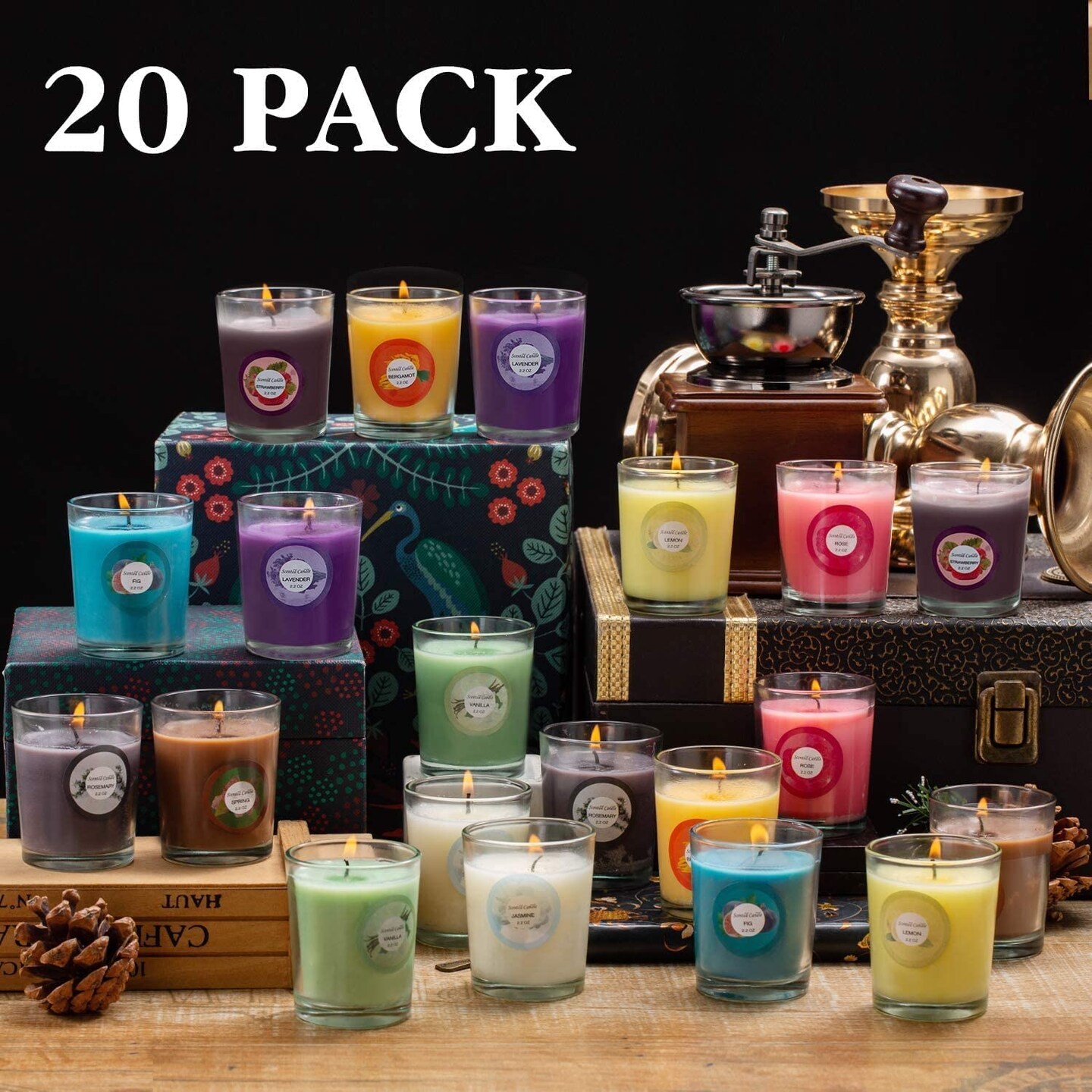 20 Pack Strong Scented Candles Gift Set with 10 Fragrances for Home and Women, Aromatherapy Soy Wax Glass Jar Candle