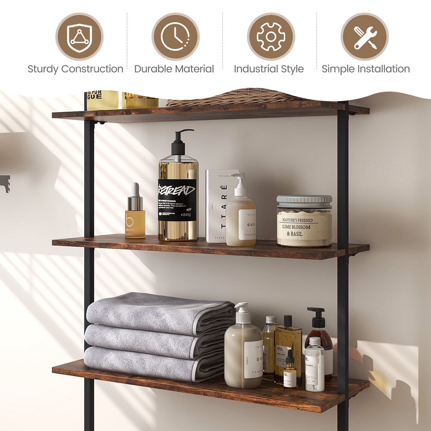 Costway 2 PCS 4-Tier Ladder Shelf Bookshelf Industrial Wall Shelf with Metal Frame Rustic