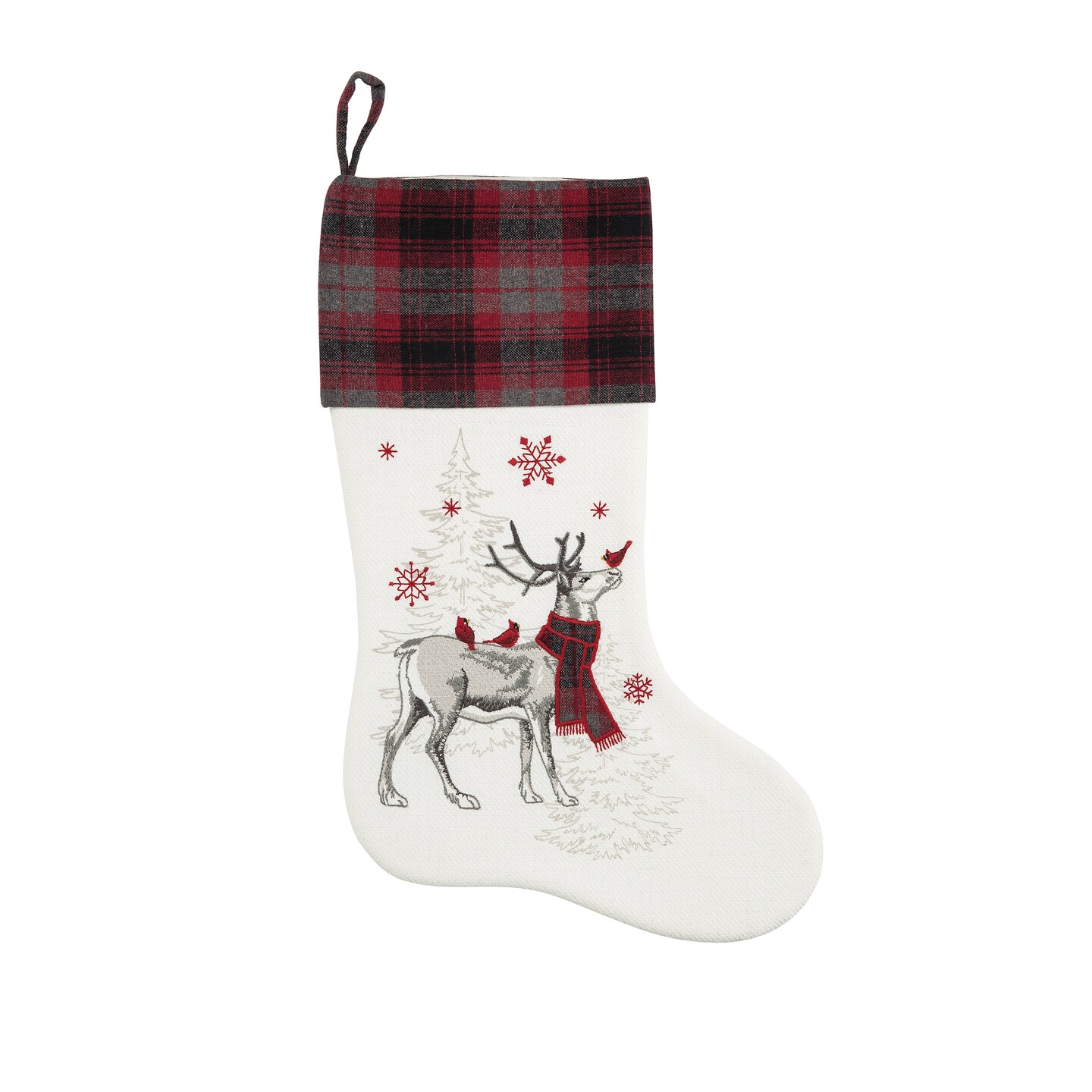 20&#x22; Frosty White Deer Hanging Large Christmas Stocking with Red &#x26; Black Cuff