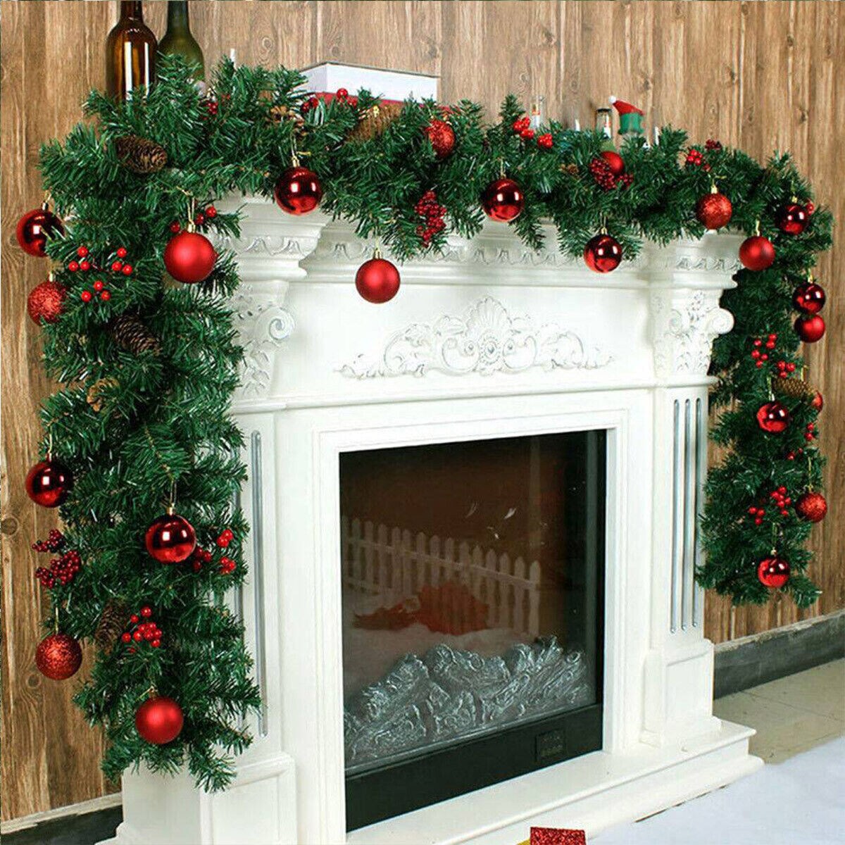 10FT Christmas Garland With Red Berries Pine Cones and 50 LED Lights