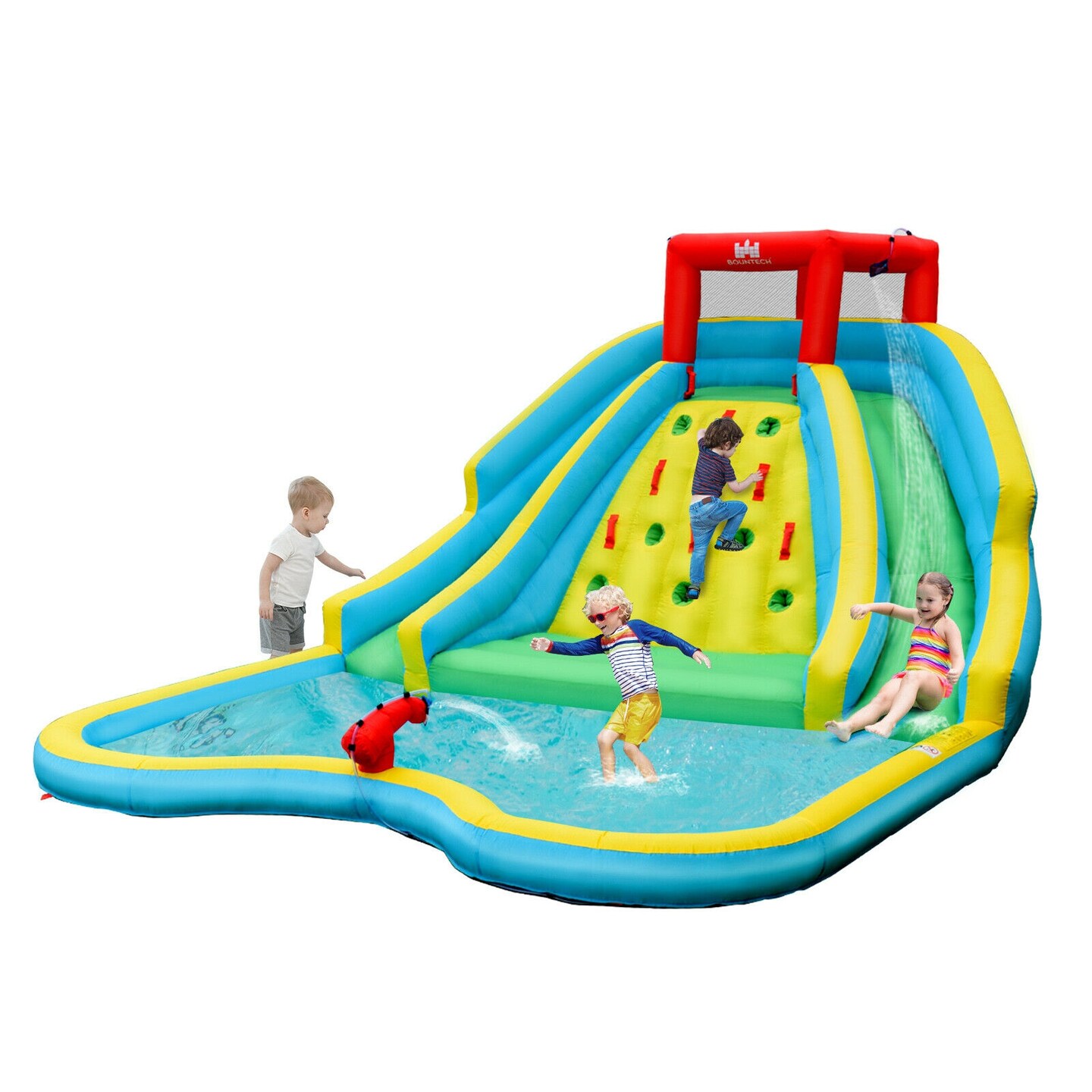 Kids Backyard Water Park Slide Bouncer 2 Curved Slides Splash Pool 3-8 Yrs