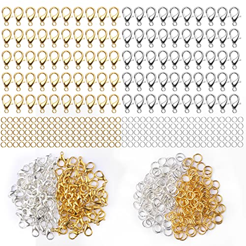 300 pcs Lobster Clasps and Open Jump Rings Set, Jewelry Clasps Lobster Claw Clasps for Jewelry Making Findings&Bracelets Stocking Stuffers Christmas Gifts(Gold, Silver)