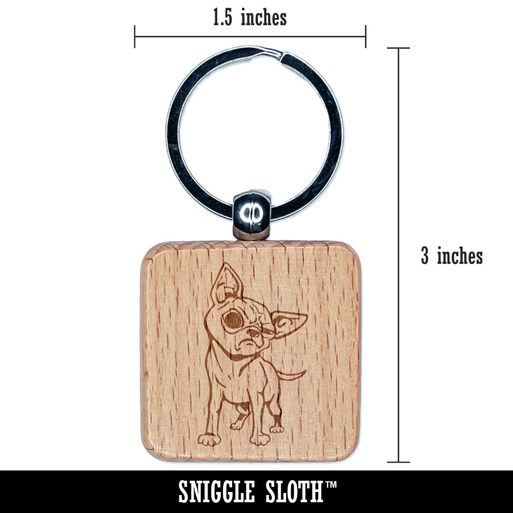 Suspicious Chihuahua Dog Engraved Wood Square Keychain Tag Charm