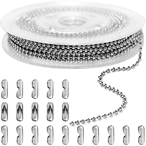 Jishi 33ft Ball Chain 2.4mm Silver Stainless Steel Bead Link Chain Roll for Beaded Dog Tag Necklace, Mens Military Jewelry Making Supplies, Pull Chain DIY Bracelets Keychain Craft - w/20#3 Connectors