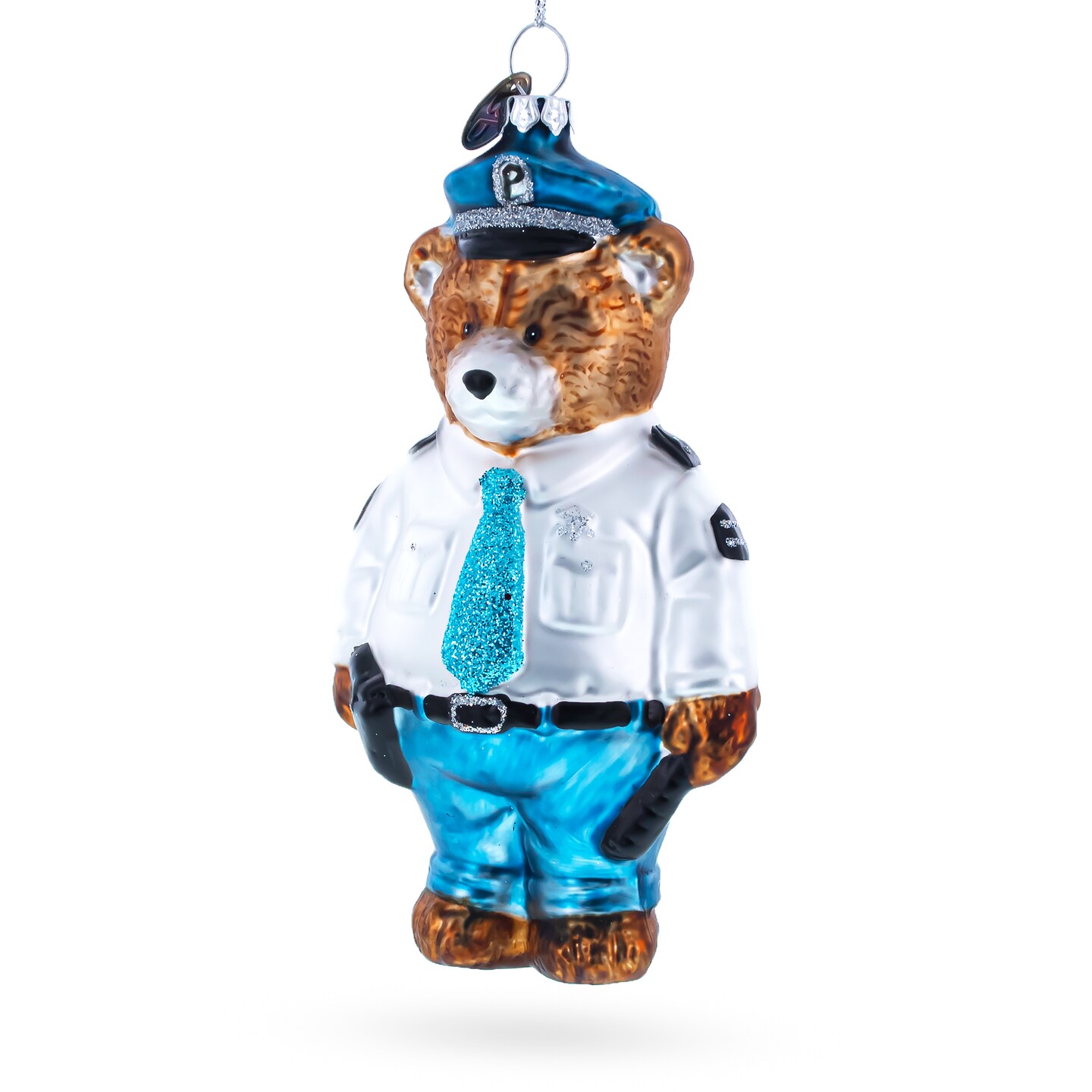 Heroic Police Bear Blown Glass Christmas Ornament