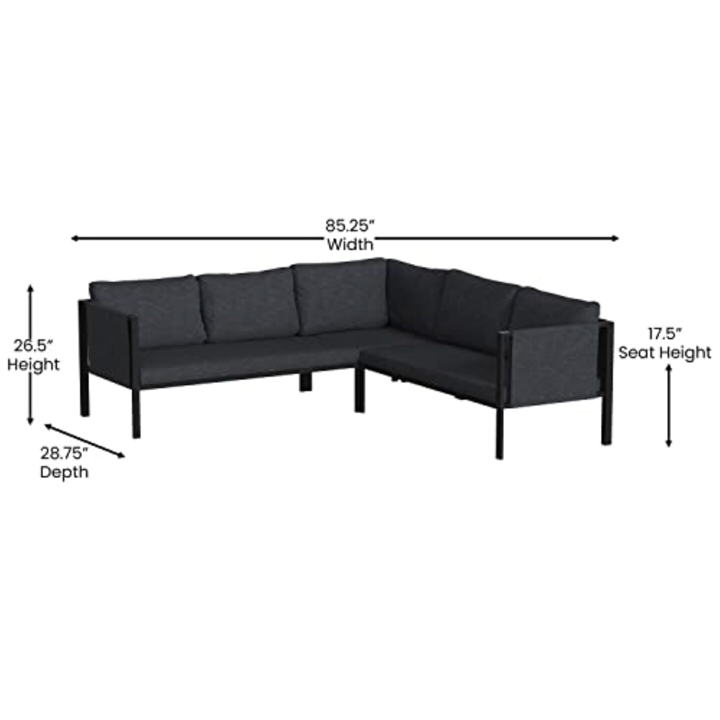 Indoor/Outdoor Sectional with Cushions - Modern Steel Framed Chair with Dual Storage Pockets, Black with Charcoal Cushions