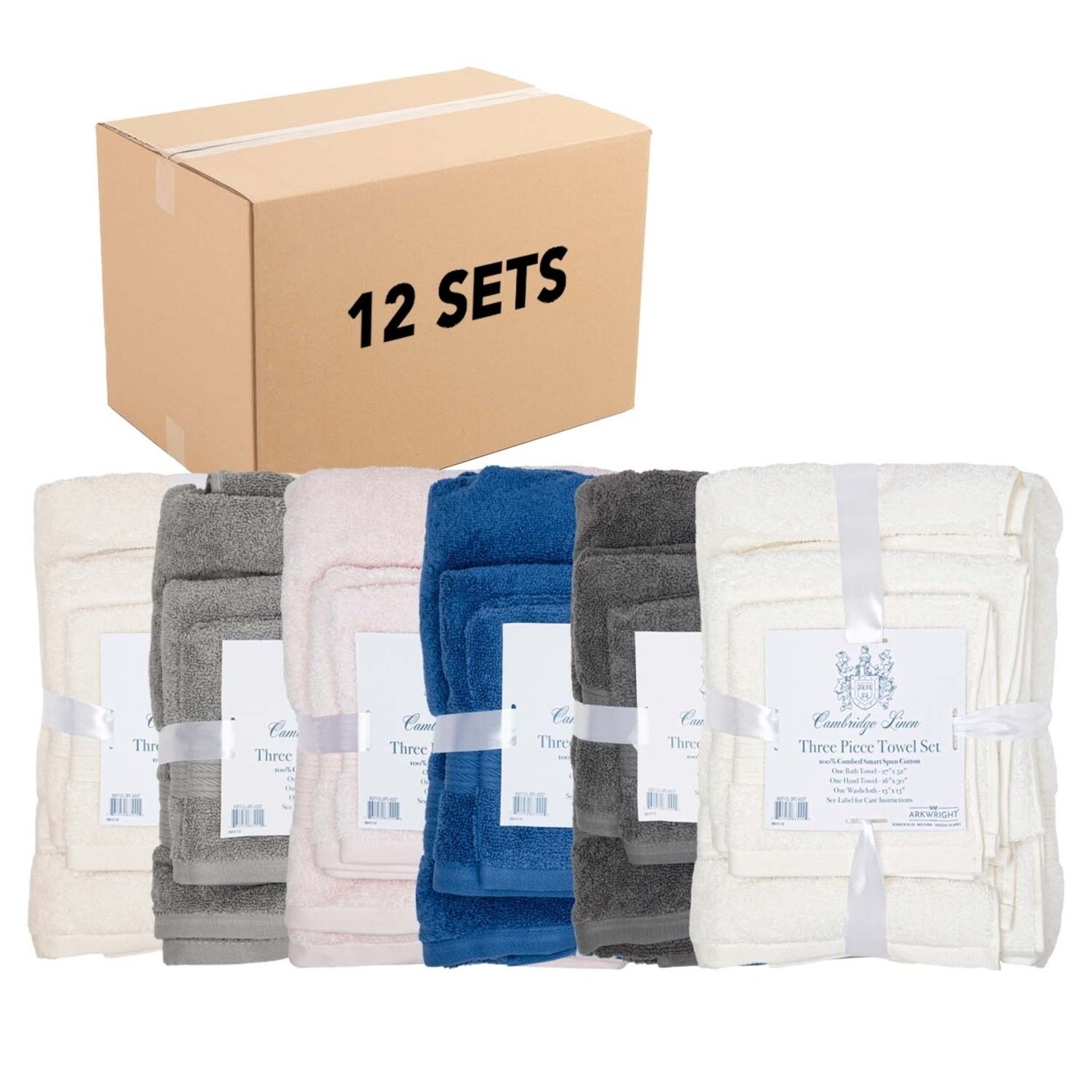 Arkwright Cambridge Linen 3-Piece Towel Set (Case of 12 Sets), Washcloth, Hand Towel and Bath Towel, Ring Spun Cotton, Six Colors