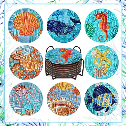 Diamond Painting Coasters - 8 PCS 5D Ocean Art Kits for Adults and Kids, Sea-Themed Coasters with Holder, Perfect for Beach House Decor