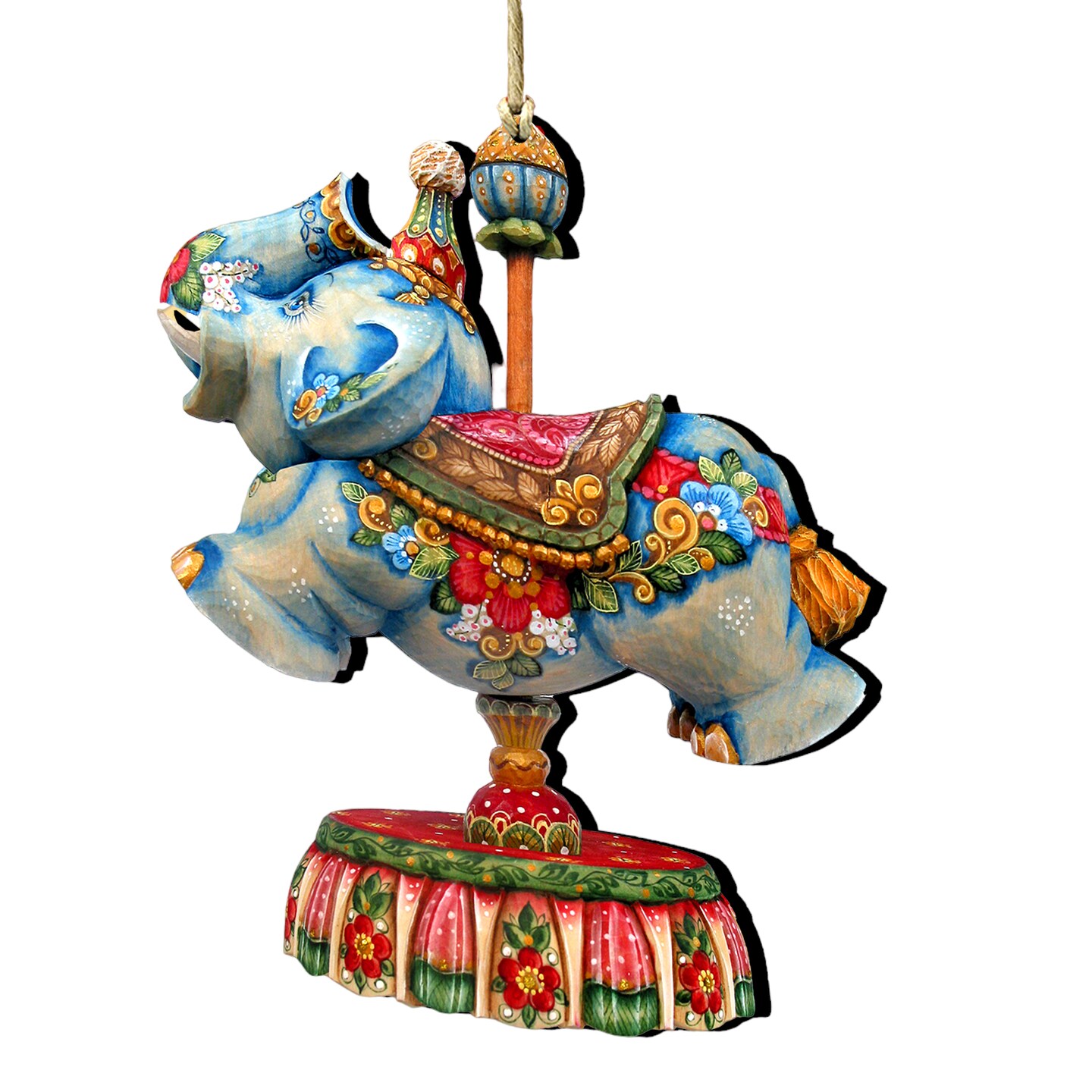 Designocracy Set of 2 Floral Elephant Carousel Wooden Christmas Ornaments 5.5&#x22;