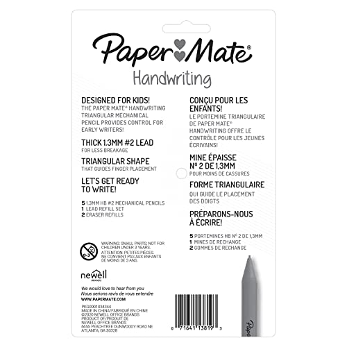 Paper Mate Handwriting Triangular Mechanical Pencil Set with Lead & Eraser Refills, 1.3mm, Fun Barrel Colors, 8 Count
