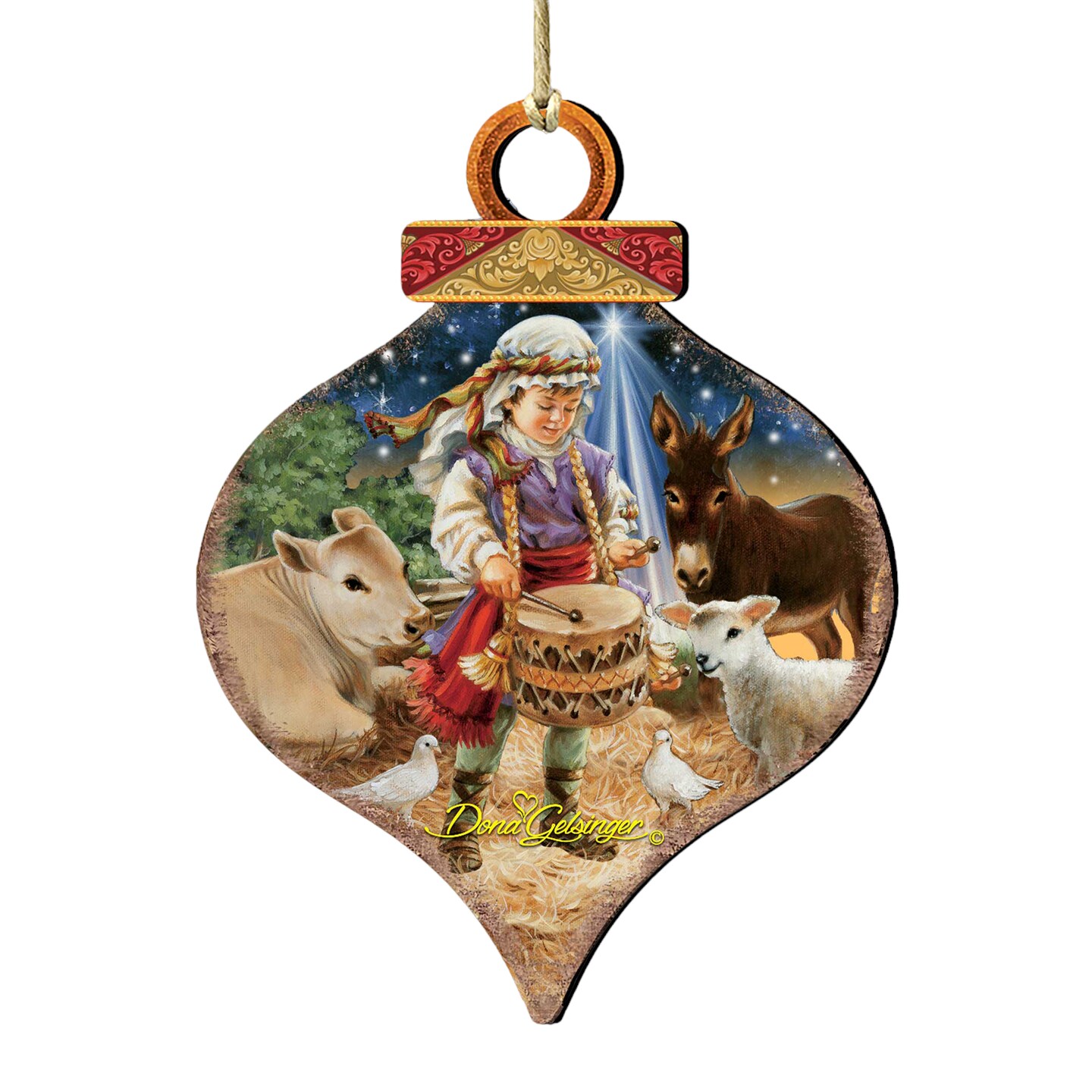 Designocracy Set of 2 Little Drummer Boy Wooden Onion Shaped Christmas Ornaments 5.5&#x22;