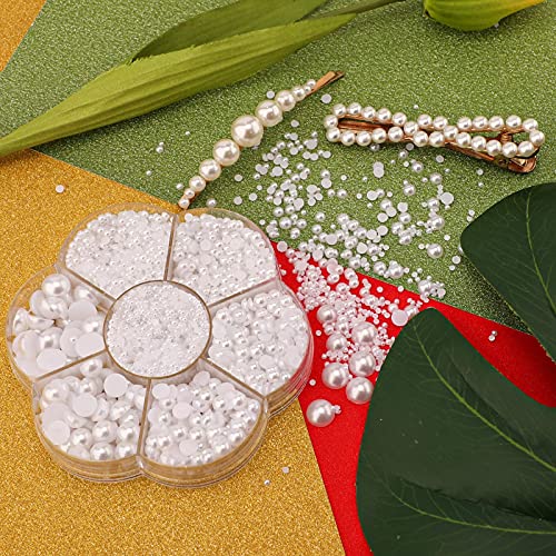 SAVITA 5600Pcs 2/3/4/5/6/8/10mm White Flat Back Pearl Half Round Pearls Beads Satin Luster Loose Beads Gems for DIY Craft Necklaces Bracelets Jewelry Decorations Wedding Dress Nail Art Making