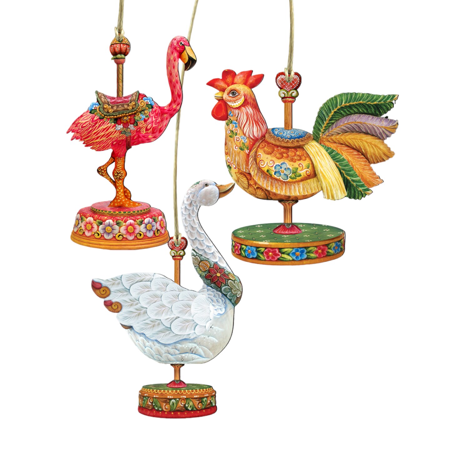 Designocracy Set of 3 Floral Carousel Animals Wooden Christmas Ornaments 5.5&#x22;