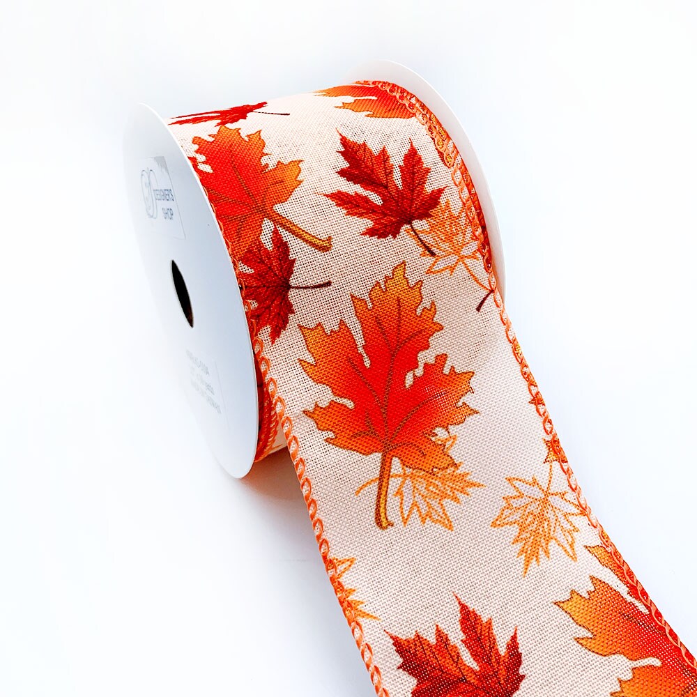 WR 63-5104 2.5&#x201D; x 10 yard Orange Autumn Maple Leaves wired edge ribbons