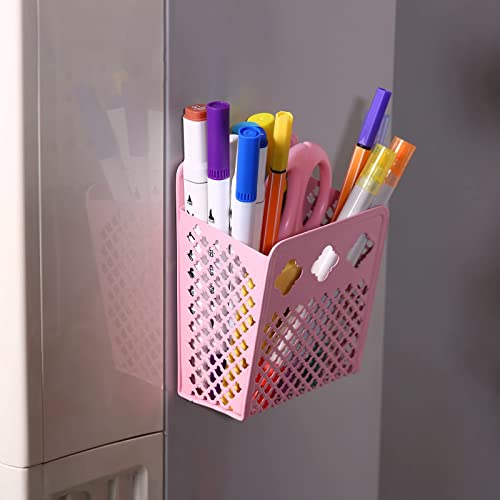 Magnetic Pencil Holder,Mesh Stainless Steel Pen Basket, Metal Writing Utensil Storage Organizer for Whiteboard,Blackboard,Kitchen, Locker, Home, or Office (Pink)