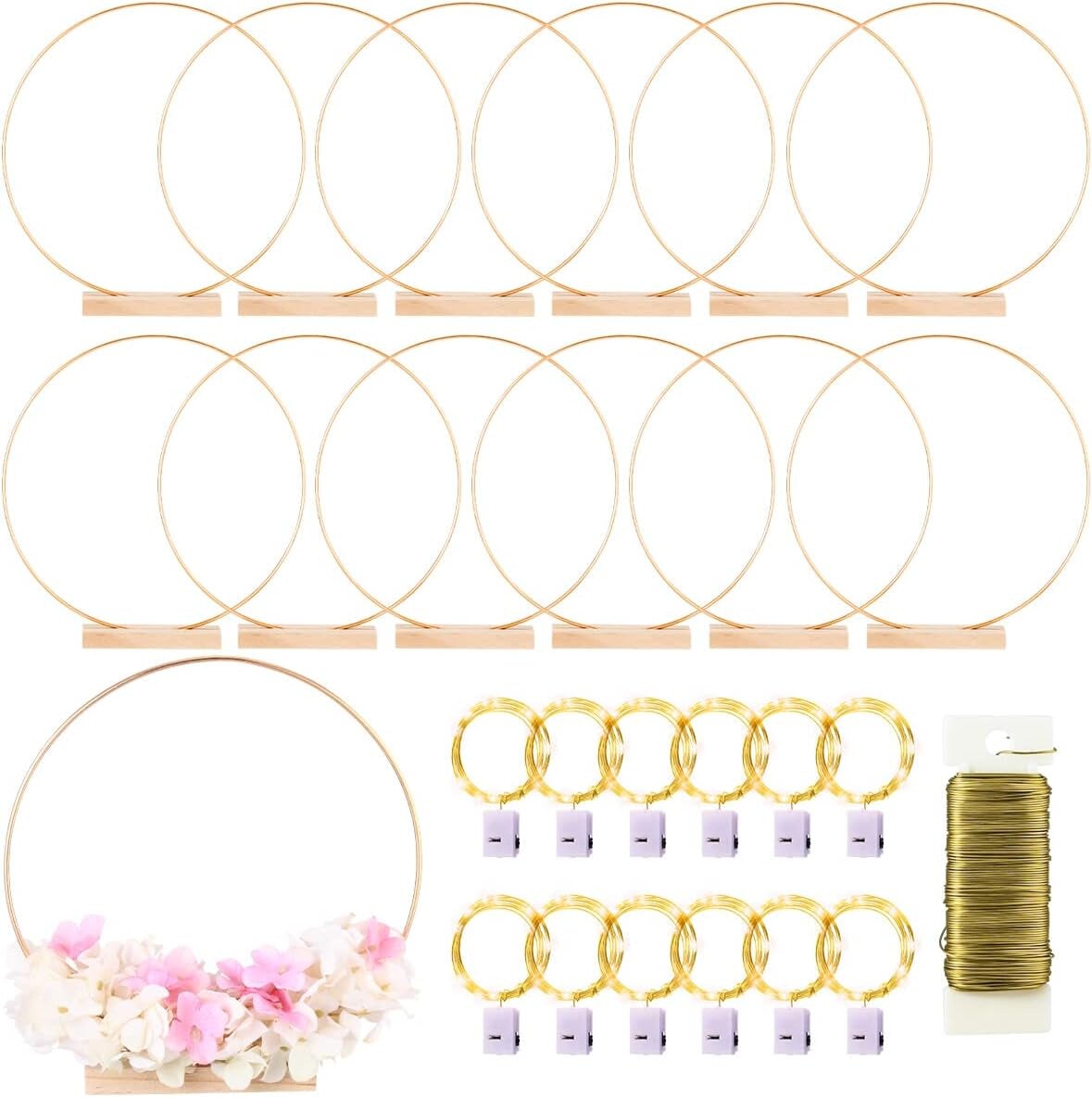 12 Pack Floral Hoop with Stand and LED Fairy Lights 14 Inch Metal Rings ...