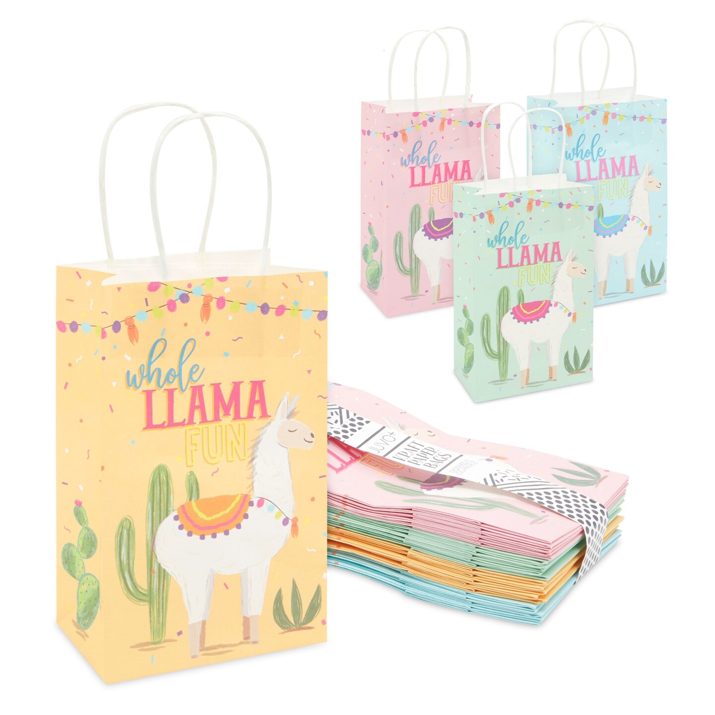 Llama Party Favor Paper Gift Bags with Handles, Whole Llama Fun Fiesta (24 Pack)