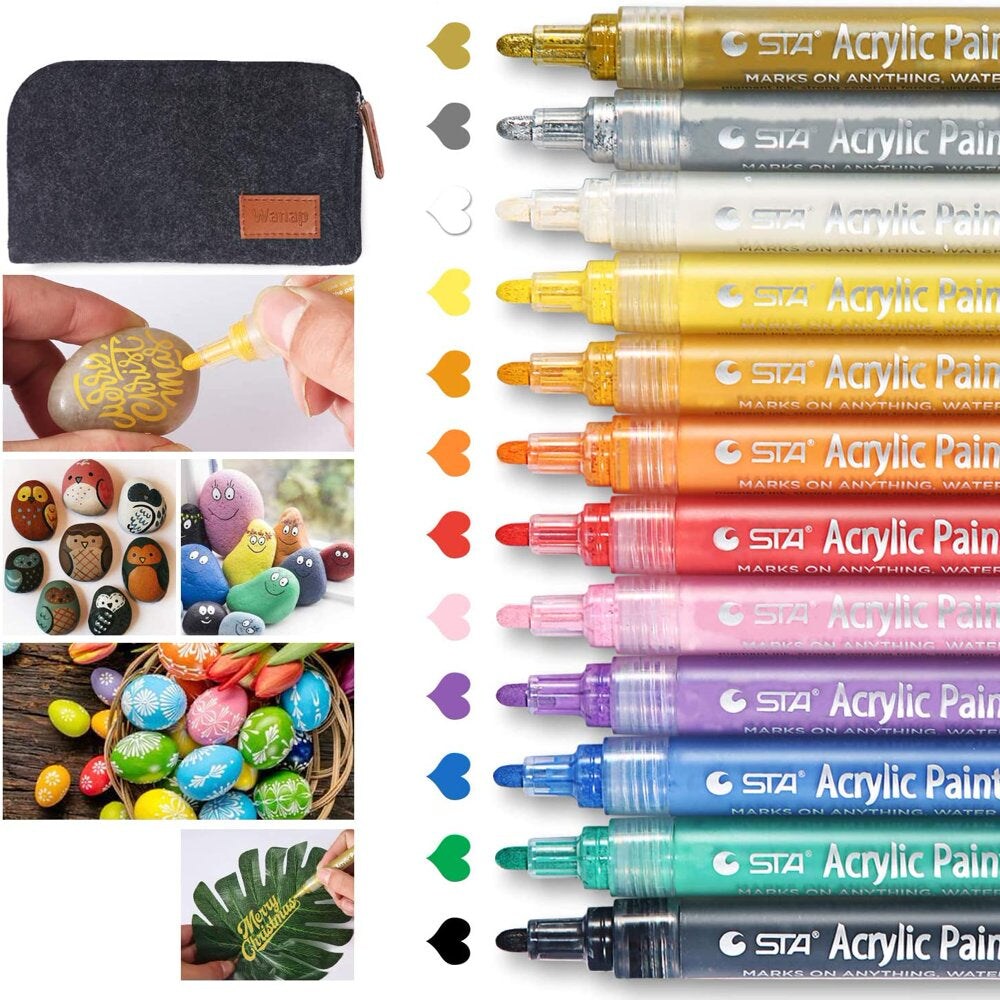 Acrylic Paint Pens Set, 12 Colors Acrylic Markers Kits for 2 to 3Mm  Painting, Quick Dry Acrylic Paint Markers for Rock Painting Wood Fabric  Ceramic Porcelain Scrapbook, with Felt Pen Bag