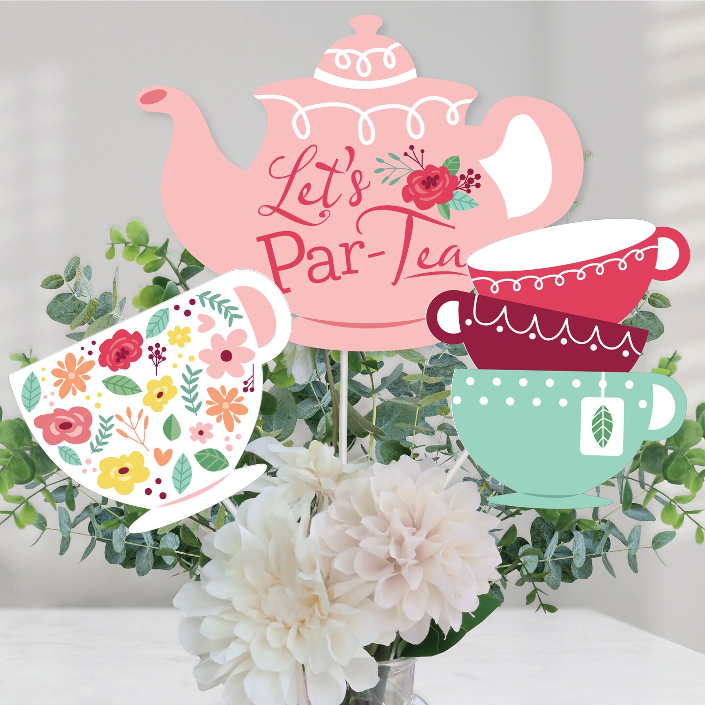 Big Dot of Happiness Floral Let's Par-Tea - Garden Tea Party Centerpiece Sticks - Table Toppers - Set of 15