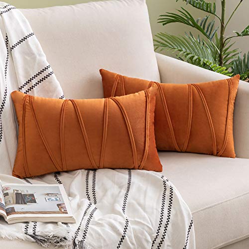 Woaboy Pack of 2 Fall Striped Velvet Throw Pillow Covers Orange Modern Decorative Couch Throws Square Soft Cozy Pillowcases for Bed Sofa Cushion Living Room 12x20 Inch