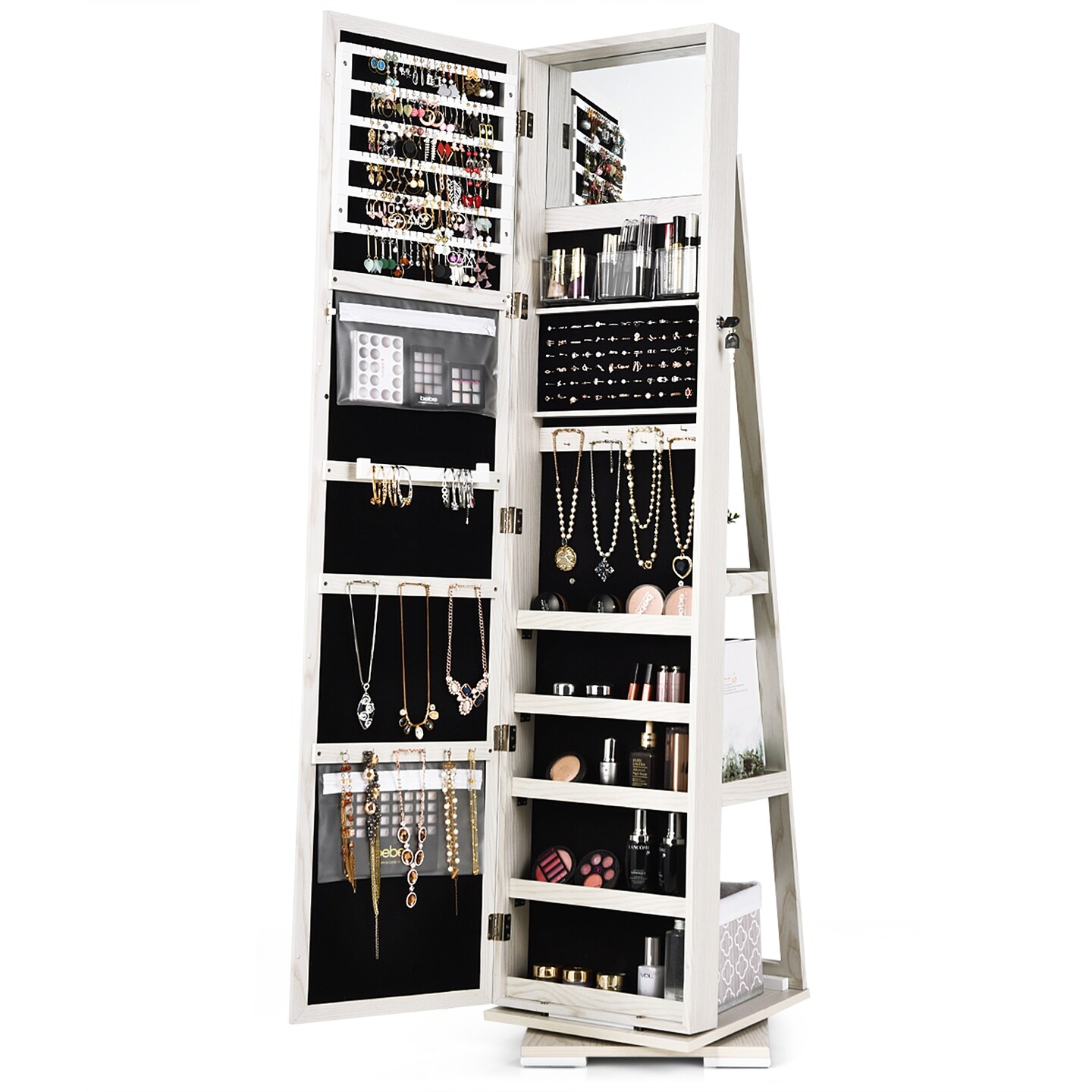360° Rotatable Armoire 2-in-1 Lockable Mirrored Jewelry Cabinet
