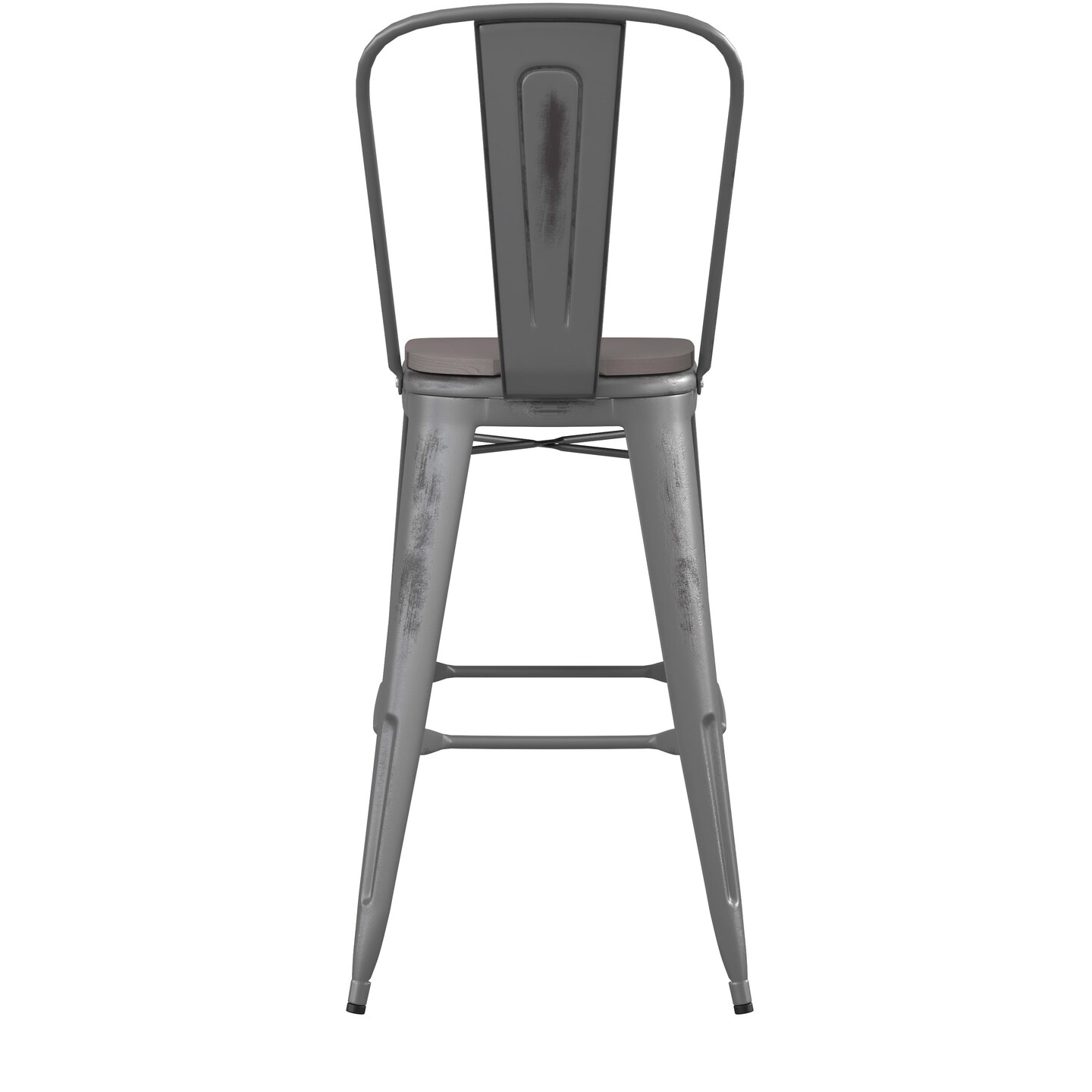 Emma and Oliver Nova Distressed Metal Stools with Backs and Polystyrene Seats for Indoor/Outdoor Use