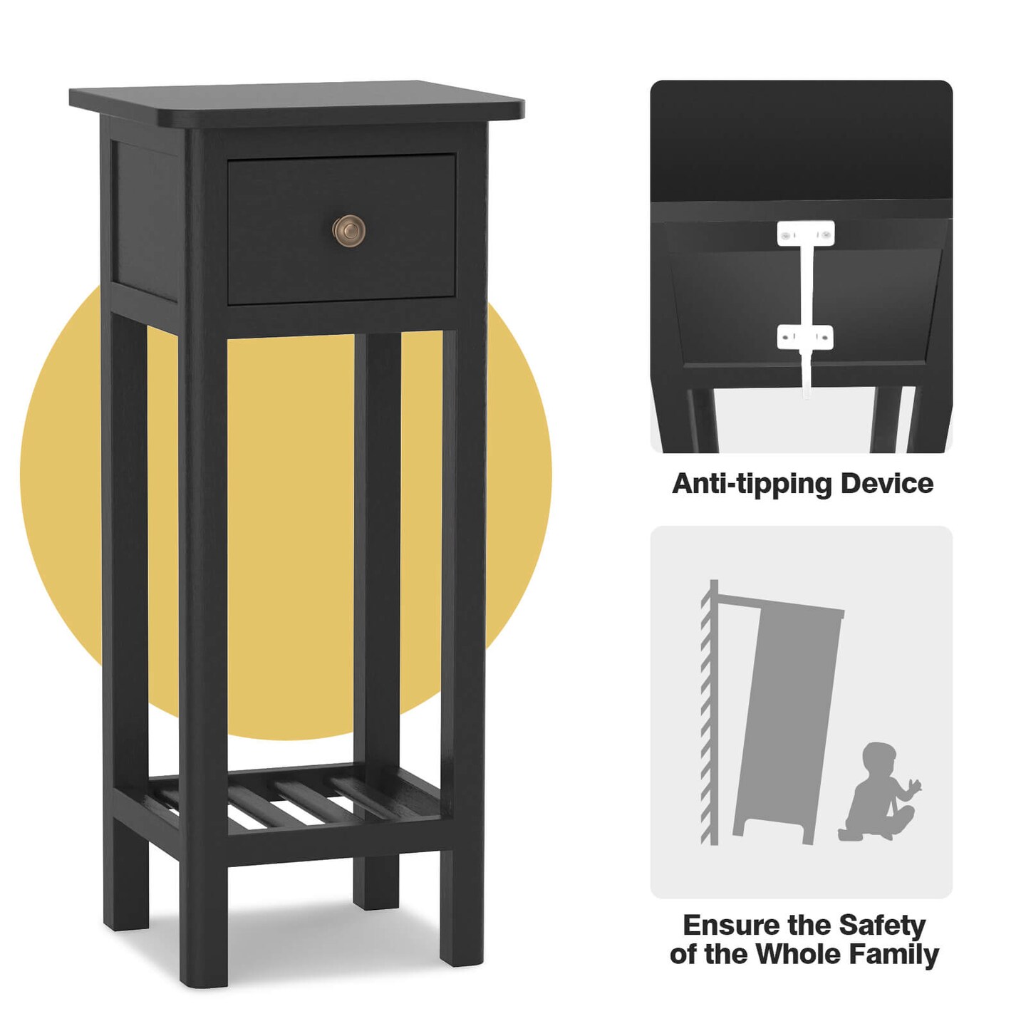 2 Tier Slim Rectangular Bedside Table Nightstand with Open Shelf and Small Drawer