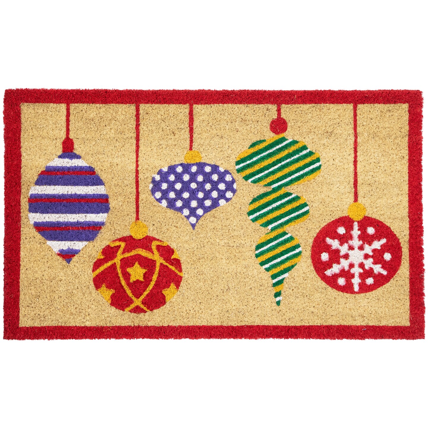 Northlight Tan Brown and Red Christmas Ornaments Coir Outdoor Doormat 18&#x22; x 30&#x22;