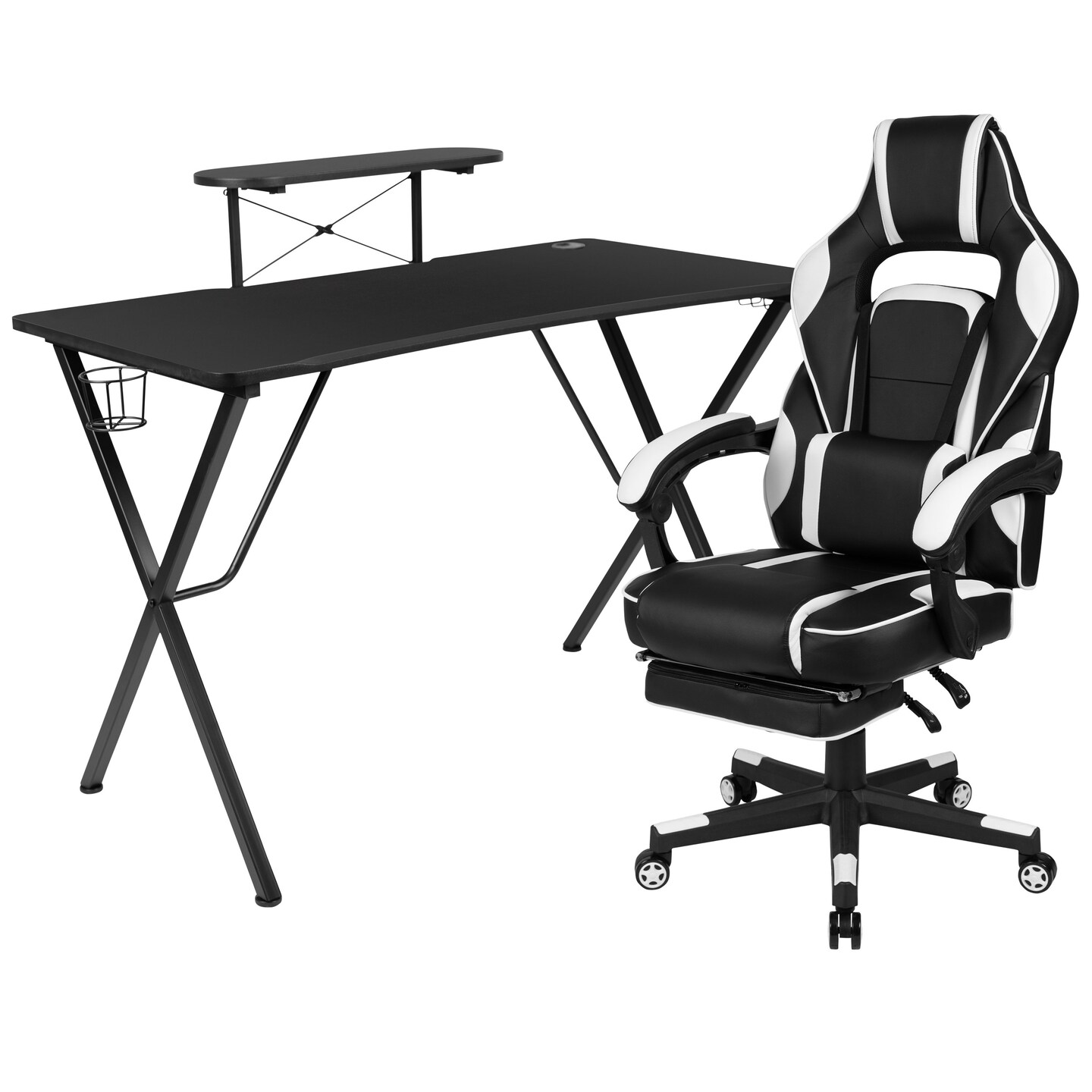 Emma and Oliver Gaming Bundle-Cup/Headphone Desk & Reclining Footrest Chair