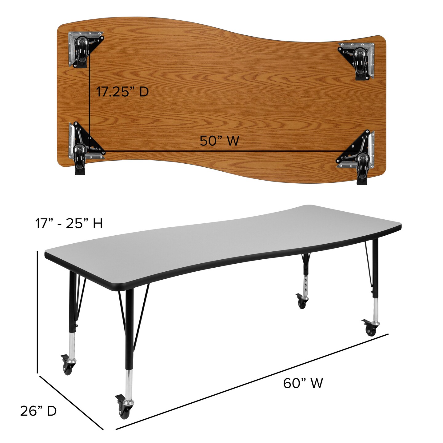 Emma and Oliver Mobile 26"W x 60"L Wave Flexible Collaborative Kids Adjustable Activity Table