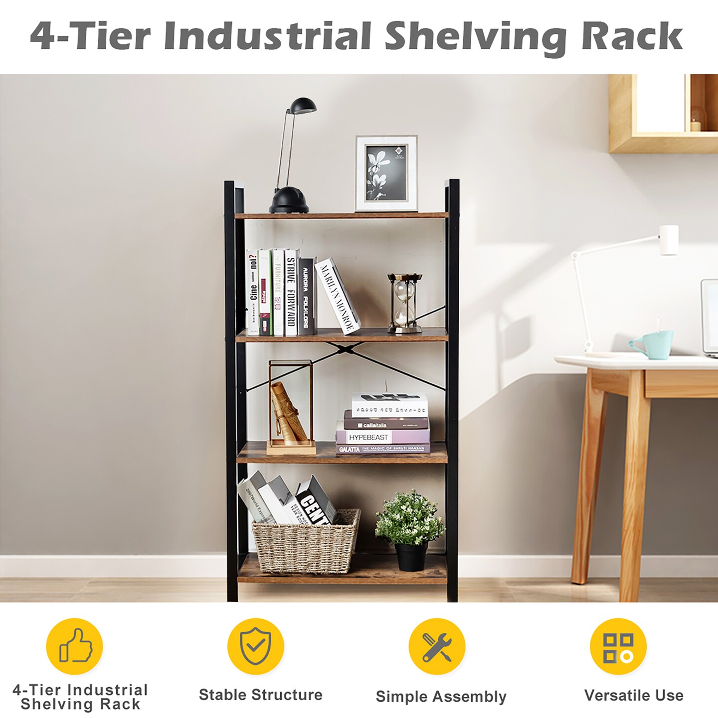 Costway 4-Tier Bookshelf Industrial Bookcase Diaplay Shelf Storage Rack Rustic Brown\Black