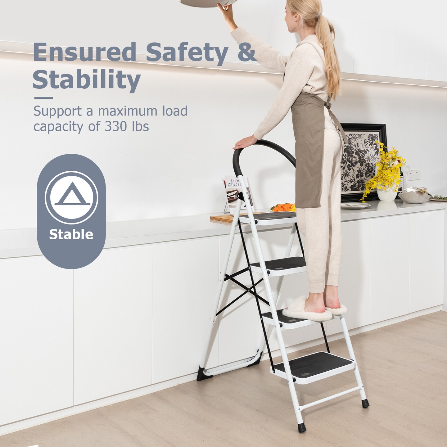 4-Step Folding Ladder with Anti-Slip Pedal Platform and Rubber Support