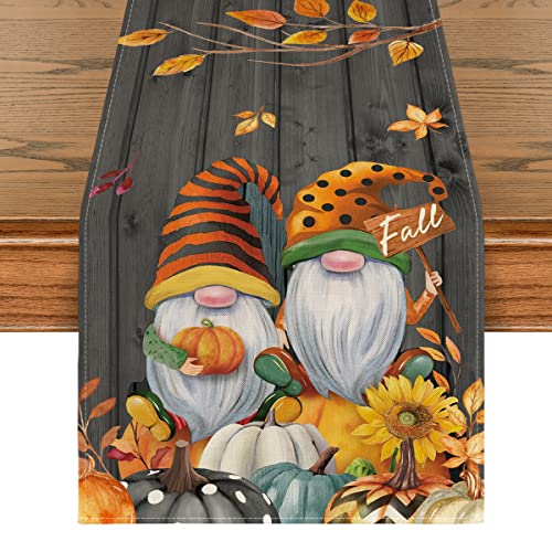 Artoid Mode Fall Gnomes Pumpkins Sunflower Maple Leaves Thanksgiving Table Runner, Seasonal Harvest Vintage Kitchen Dining Table Decoration for Indoor Outdoor Home Party Decor 13 x 72 Inch