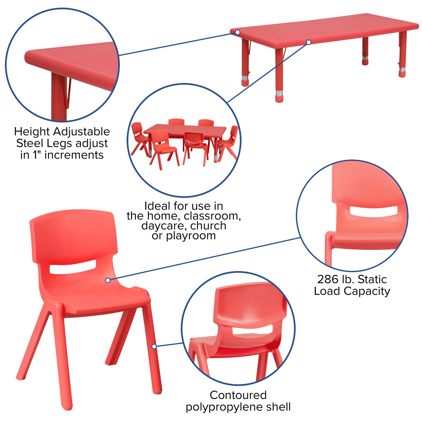 Emma and Oliver 24&#x22;W x 48&#x22;L Rectangular Plastic Height Adjustable Activity Table Set with 6 Chairs