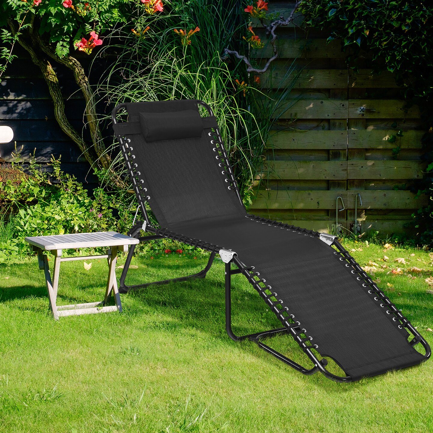 Costway Folding Beach Lounge Chair Heightening Design Patio Lounger w/ Pillow Black\Grey