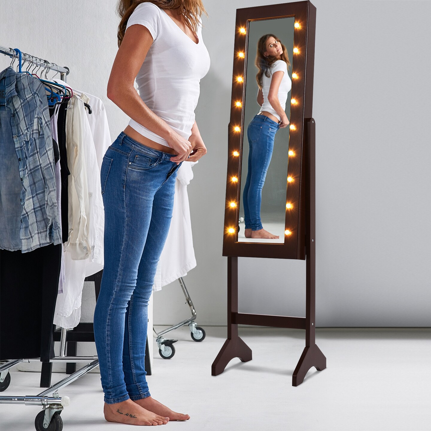 Freestanding Jewelry Organizer Cabinet Armoire with LED Lights and Full Length Mirror