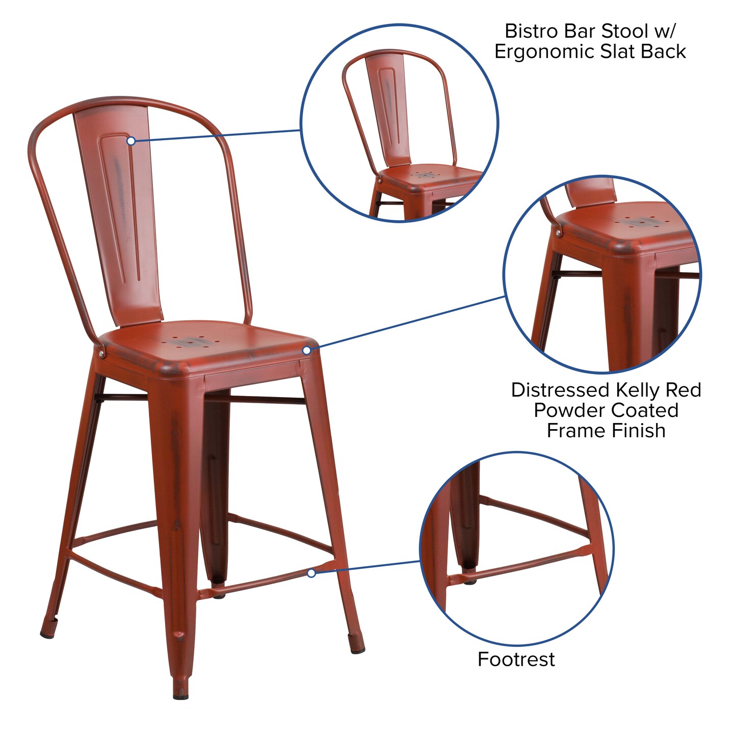 Emma and Oliver Commercial Grade 4 Pack 24" High Distressed Metal Indoor-Outdoor Counter Height Stool with Back